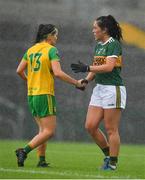 28 July 2018; Geraldine McLaughlin of Donegal, left, and Aislinn Desmond of Kerry shake hands after the TG4 All-Ireland Ladies Football Senior Championship qualifier Group 1 Round 3 match between Kerry and Donegal at Dr Hyde Park in Roscommon. Photo by Brendan Moran/Sportsfile