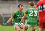 28 July 2018; Sean Coffey and Luke Newe of Meath celebrate at the final whistle during the Electric Ireland GAA Football All-Ireland Minor Championship Quarter-Final match between Meath and Derry at the Athletic Grounds in Armagh. Photo by Oliver McVeigh/Sportsfile