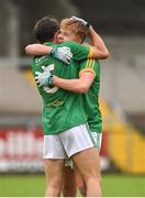 28 July 2018; Sean Coffey and Luke Newe of Meath celebrate at the final whistle during the Electric Ireland GAA Football All-Ireland Minor Championship Quarter-Final match between Meath and Derry at the Athletic Grounds in Armagh. Photo by Oliver McVeigh/Sportsfile