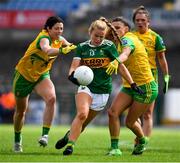 28 July 2018; Andrea Murphy of Kerry in action against Aoife McDonnell, left, and Niamh Hegarty of Donegal during the TG4 All-Ireland Ladies Football Senior Championship qualifier Group 1 Round 3 match between Kerry and Donegal at Dr Hyde Park in Roscommon. Photo by Brendan Moran/Sportsfile
