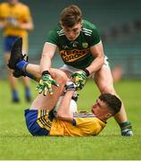 28 July 2018; Charlie Carthy of Roscommon in action against Dan McCarthy of Kerry during the Electric Ireland GAA Football All-Ireland Minor Championship Quarter-Final match between Kerry and Roscommon at the Gaelic Grounds in Limerick. Photo by Diarmuid Greene/Sportsfile