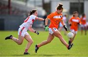 28 July 2018; Maebh Morriarty of Armagh in action against Ciara O'Sullivan of Cork  during the TG4 All-Ireland Ladies Football Senior Championship qualifier Group 2 Round 3 match between Armagh and Cork at Duggan Park in Ballinasloe, Galway. Photo by Harry Murphy/Sportsfile