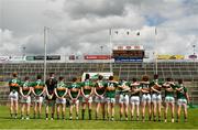 28 July 2018; The Kerry team stand together for the playing of the national anthem prior to the Electric Ireland GAA Football All-Ireland Minor Championship Quarter-Final match between Kerry and Roscommon at the Gaelic Grounds in Limerick. Photo by Diarmuid Greene/Sportsfile