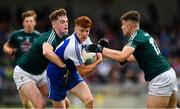 28 July 2018; Seán Jones of Monaghan in action against Marcus Kiely, left, and Conor McGroary of Kildare during the Electric Ireland GAA Football All-Ireland Minor Championship Quarter-Final match between Monaghan and Kildare at TEG Cusack Park in Mullingar, Westmeath. Photo by Piaras Ó Mídheach/Sportsfile
