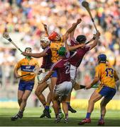 28 July 2018; Peter Duggan of Clare in action against Gearoid McInerney and Aidan Harte of Galway during the GAA Hurling All-Ireland Senior Championship semi-final match between Galway and Clare at Croke Park in Dublin. Photo by David Fitzgerald/Sportsfile