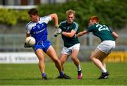 28 July 2018; Andrew Moore of Monaghan in action against Daniel Caulfield, left, and Sam Reilly of Kildare during the Electric Ireland GAA Football All-Ireland Minor Championship Quarter-Final match between Monaghan and Kildare at TEG Cusack Park in Mullingar, Westmeath. Photo by Piaras Ó Mídheach/Sportsfile