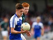 28 July 2018; Shane Hanratty of Monaghan in action against Sam Reilly of Kildare during the Electric Ireland GAA Football All-Ireland Minor Championship Quarter-Final match between Monaghan and Kildare at TEG Cusack Park in Mullingar, Westmeath. Photo by Piaras Ó Mídheach/Sportsfile
