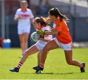 28 July 2018; Emma Spillane of Cork in action against Megan Shreidan of Armagh during the TG4 All-Ireland Ladies Football Senior Championship qualifier Group 2 Round 3 match between Armagh and Cork at Duggan Park in Ballinasloe, Galway. Photo by Harry Murphy/Sportsfile