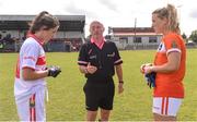 28 July 2018; Referee Gus Chapman tosses the coin infront of Ciara O'Sullivan of Cork and Kelly Mallon of Armagh with referee Gus Chapman prior to the TG4 All-Ireland Ladies Football Senior Championship qualifier Group 2 Round 3 match between Armagh and Cork at Duggan Park in Ballinasloe, Galway. Photo by Harry Murphy/Sportsfile