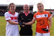 28 July 2018; Ciara O'Sullivan of Cork shakes hands with Kelly Mallon of Armagh with referee Gus Chapman prior to the TG4 All-Ireland Ladies Football Senior Championship qualifier Group 2 Round 3 match between Armagh and Cork at Duggan Park in Ballinasloe, Galway. Photo by Harry Murphy/Sportsfile