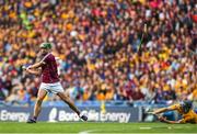 28 July 2018; David McInerney of Clare throws his hurl to block the shot from David Burke of Galway during the GAA Hurling All-Ireland Senior Championship semi-final match between Galway and Clare at Croke Park in Dublin. Photo by David Fitzgerald/Sportsfile