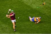 28 July 2018; David McInerney of Clare attempts to block a shot by David Burke of Galway by throwing his hurl during the GAA Hurling All-Ireland Senior Championship semi-final match between Galway and Clare at Croke Park in Dublin. Photo by Ramsey Cardy/Sportsfile