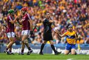 28 July 2018; David McInerney of Clare appeals to referee James Owens after throwing his hurl to block the shot from David Burke of Galway during the GAA Hurling All-Ireland Senior Championship semi-final match between Galway and Clare at Croke Park in Dublin. Photo by David Fitzgerald/Sportsfile