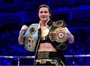 28 July 2018; Katie Taylor celebrates with both championship belts following her WBA & IBF World Lightweight Championship bout with Kimberly Connor at The O2 Arena in London, England. Photo by Stephen McCarthy/Sportsfile