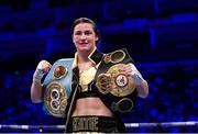 28 July 2018; Katie Taylor celebrates with both championship belts following her WBA & IBF World Lightweight Championship bout with Kimberly Connor at The O2 Arena in London, England. Photo by Stephen McCarthy/Sportsfile