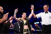 28 July 2018; Katie Taylor celebrates following her WBA & IBF World Lightweight Championship bout with Kimberly Connor at The O2 Arena in London, England. Photo by Stephen McCarthy/Sportsfile