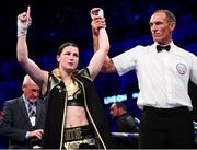 28 July 2018; Katie Taylor celebrates following her WBA & IBF World Lightweight Championship bout with Kimberly Connor at The O2 Arena in London, England. Photo by Stephen McCarthy/Sportsfile