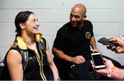 28 July 2018; Katie Taylor, in the company of her trainer Ross Enamait, speaks to media following her WBA & IBF World Lightweight Championship bout with Kimberly Connor at The O2 Arena in London, England. Photo by Stephen McCarthy/Sportsfile