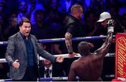 28 July 2018; Matchroom Boxing Promoter Eddie Hearn celebrates with Dereck Chisora following his Heavyweight contest with Carlos Takam at The O2 Arena in London, England. Photo by Stephen McCarthy/Sportsfile