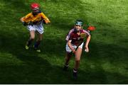 28 July 2018; Niamh Duffy of Coldwood NS, Craughwell, Co. Galway, in action against Niamh Kelly of Girls School Castleblayney, Co. Monaghan, representing Galway during the INTO Cumann na mBunscol GAA Respect Exhibition Go Games at the GAA Hurling All-Ireland Senior Championship semi-final match between Galway and Clare at Croke Park in Dublin. Photo by Ramsey Cardy/Sportsfile