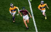 28 July 2018; Niamh Duffy of Coldwood NS, Craughwell, Co. Galway, in action against Alannah Rattigan of Boyerstown National School, Co. Meath, representing Clare, during the INTO Cumann na mBunscol GAA Respect Exhibition Go Games at the GAA Hurling All-Ireland Senior Championship semi-final match between Galway and Clare at Croke Park in Dublin. Photo by Ramsey Cardy/Sportsfile