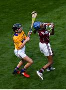 28 July 2018; Jade Gabbidon of Geevagh National School, Co. Sligo, in action against Paige Bell of Derrychrin Primary School, Co. Tyrone, during the INTO Cumann na mBunscol GAA Respect Exhibition Go Games at the GAA Hurling All-Ireland Senior Championship semi-final match between Galway and Clare at Croke Park in Dublin. Photo by Ramsey Cardy/Sportsfile