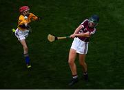 28 July 2018; Maria Bolger of Tisrara National School, Roscommon, representing Galway, in action against Niamh Kelly of Girls School Castleblayney, Co. Monaghan, representing Clare, during the INTO Cumann na mBunscol GAA Respect Exhibition Go Games at the GAA Hurling All-Ireland Senior Championship semi-final match between Galway and Clare at Croke Park in Dublin. Photo by Ramsey Cardy/Sportsfile