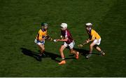28 July 2018; Orin Burke of St Oliver Plunkett National School, Athenry, Co. Galway, in action against Paul O'Neill of Ballybrowm National School, Limerick, and John Dougan, St Michael's Primary School, Belfast, Co. Antrim, representing Clare, during the INTO Cumann na mBunscol GAA Respect Exhibition Go Games at the GAA Hurling All-Ireland Senior Championship semi-final match between Galway and Clare at Croke Park in Dublin. Photo by Ramsey Cardy/Sportsfile