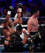 28 July 2018; Dillian Whyte is announced victorious during his Heavyweight contest with Joseph Parker at The O2 Arena in London, England. Photo by Stephen McCarthy/Sportsfile