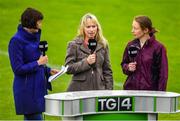 28 July 2018; TG4 presenter Gráine McElwain, left, with analysts Sorcha Furlong, centre, and Rena Buckley prior to the TG4 All-Ireland Ladies Football Senior Championship qualifier Group 1 Round 3 match between Dublin and Mayo at Dr Hyde Park in Roscommon. Photo by Brendan Moran/Sportsfile