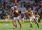 28 July 2018; Orin Burke, St Plunkett N.S., Athenry, Galway,  in action against Donal Coughlan, Doon C.B.S, Limerick, representing Clare, during the INTO Cumann na mBunscol GAA Respect Exhibition Go Games at the GAA Hurling All-Ireland Senior Championship semi-final match between Galway and Clare at Croke Park in Dublin. Photo by Ray McManus/Sportsfile