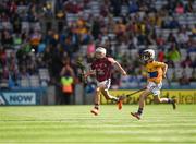 28 July 2018; Orin Burke, St Plunkett N.S., Athenry, Galway, in action against John Dougan, St Michael's PS, Belfast, representing Clare, during the INTO Cumann na mBunscol GAA Respect Exhibition Go Games at the GAA Hurling All-Ireland Senior Championship semi-final match between Galway and Clare at Croke Park in Dublin. Photo by Ray McManus/Sportsfile