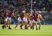 28 July 2018; Paul O'Neill, Ballybrown National School, Limerick, representing Clare, in action against Orin Burke, St Plunkett N.S., Athenry, Galway,  during the INTO Cumann na mBunscol GAA Respect Exhibition Go Games at the GAA Hurling All-Ireland Senior Championship semi-final match between Galway and Clare at Croke Park in Dublin. Photo by Ray McManus/Sportsfile
