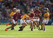 28 July 2018; Paul O'Neill, Ballybrown National School, Limerick, representing Clare, in action against Orin Burke, St Plunkett N.S., Athenry, Galway, during the INTO Cumann na mBunscol GAA Respect Exhibition Go Games at the GAA Hurling All-Ireland Senior Championship semi-final match between Galway and Clare at Croke Park in Dublin. Photo by Ray McManus/Sportsfile