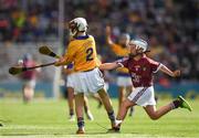 28 July 2018; John Dougan, St Michael's PS, Belfast, representing Clare, in action against David Hurley, Claremorris Boys National School, Mayo, representing Galway, during the INTO Cumann na mBunscol GAA Respect Exhibition Go Games at the GAA Hurling All-Ireland Senior Championship semi-final match between Galway and Clare at Croke Park in Dublin. Photo by Ray McManus/Sportsfile