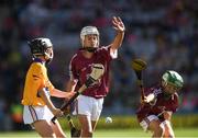28 July 2018; Orin Burke, St Plunkett N.S., Athenry, Galway, and Tomás Guiney, Rathnure National School, Wexford, representing Galway, in action against Donal Coughlan, Doon C.B.S, Limerick, representing Clare, during the INTO Cumann na mBunscol GAA Respect Exhibition Go Games at the GAA Hurling All-Ireland Senior Championship semi-final match between Galway and Clare at Croke Park in Dublin. Photo by Ray McManus/Sportsfile