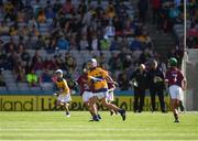 28 July 2018; Seán McElligot, Scoil Treasa, Cill Floinn, Co Charraí, representing Clare, in action against Ruarí Walsh, St Patrick's B.N.S, Holly Park, Dublin, representing Galway, during the INTO Cumann na mBunscol GAA Respect Exhibition Go Games at the GAA Hurling All-Ireland Senior Championship semi-final match between Galway and Clare at Croke Park in Dublin. Photo by Ray McManus/Sportsfile