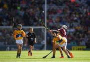 28 July 2018; Orin Burke, St Plunkett N.S., Athenry, Galway, in action against Jamie Moylan, St John's national School, Cratloe, Clare, representing Clare, during the INTO Cumann na mBunscol GAA Respect Exhibition Go Games at the GAA Hurling All-Ireland Senior Championship semi-final match between Galway and Clare at Croke Park in Dublin. Photo by Ray McManus/Sportsfile