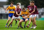 29 July 2018; Jack Reidy of Clare in action against Cathal Sweeney and Matthew Cooley of Galway during the Electric Ireland GAA Football All-Ireland Minor Championship Quarter-Final between Galway and Clare at Bord Na Mona O'Connor Park in Tullamore, Co Offaly. Photo by Harry Murphy/Sportsfile