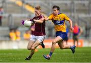 29 July 2018; Conor Raftery of Galway in action against Conor Carrig of Clare during the Electric Ireland GAA Football All-Ireland Minor Championship Quarter-Final between Galway and Clare at Bord Na Mona O'Connor Park in Tullamore, Co Offaly. Photo by Harry Murphy/Sportsfile
