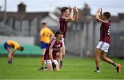 29 July 2018; Cathal Sweeney, Liam Judge and Ryan Monahan of Galway celebrate after the Electric Ireland GAA Football All-Ireland Minor Championship Quarter-Final between Galway and Clare at Bord Na Mona O'Connor Park in Tullamore, Co Offaly. Photo by Harry Murphy/Sportsfile