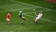 29 July 2018; Aaron Gillane of Limerick has a shot on goal despite the best efforts of Colm Spillane and Anthony Nash of Cork during the GAA Hurling All-Ireland Senior Championship semi-final match between Cork and Limerick at Croke Park in Dublin. Photo by Brendan Moran/Sportsfile