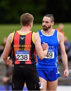 29 July 2018; Gerard O'Donnell of Carrick-on-Shannon A.C., Co. Leitrim, right , is congratulated by Daniel Ryan of Moycarkey Coolcroo A.C., Co. Tipperary, after winning the Senior Men 110mH event during the Irish Life Health National Senior T&F Championships Day 2 at Morton Stadium in Santry, Dublin. Photo by Sam Barnes/Sportsfile