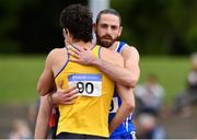 29 July 2018; Gerard O'Donnell of Carrick-on-Shannon A.C., Co. Leitrim, right, is congratulated by Ben Reynolds of North Down A.C., Co. Down, after winning the Senior Men 110mH event during the Irish Life Health National Senior T&F Championships Day 2 at Morton Stadium in Santry, Dublin. Photo by Sam Barnes/Sportsfile