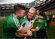29 July 2018; Limerick manager John Kiely and Declan Hannon, left, celebrate following the GAA Hurling All-Ireland Senior Championship semi-final match between Cork and Limerick at Croke Park in Dublin. Photo by Stephen McCarthy/Sportsfile