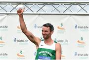 29 July 2018; Thomas Barr of Ferrybank A.C., Co. Waterford, acknowledges the crowd before being presented with his medal after winning the Senior Men 400mH event during the Irish Life Health National Senior T&F Championships Day 2 at Morton Stadium in Santry, Dublin. Photo by Sam Barnes/Sportsfile