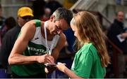 29 July 2018; Thomas Barr of Ferrybank A.C., Co. Waterford, signs an autograph for a young fan after winning the Senior Men 400mH event during the Irish Life Health National Senior T&F Championships Day 2 at Morton Stadium in Santry, Dublin. Photo by Sam Barnes/Sportsfile