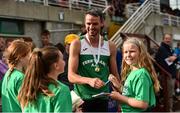 29 July 2018; Thomas Barr of Ferrybank A.C., Co. Waterford, signs autographs for young fans after winning the Senior Men 400mH event during the Irish Life Health National Senior T&F Championships Day 2 at Morton Stadium in Santry, Dublin. Photo by Sam Barnes/Sportsfile