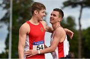 29 July 2018; Christopher O'Donnell of North Sligo A.C., Co. Sligo, right, celebrates with Cathal Crosbie of Ennis Track A.C., Co Clare, after winning the Senior Men 400m event during the Irish Life Health National Senior T&F Championships Day 2 at Morton Stadium in Santry, Dublin. Photo by Sam Barnes/Sportsfile