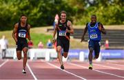 29 July 2018; Leon Reid of Menapians A.C., Co. Wexford, far left, on his way to winning the Senior Men's 100m event, ahead of, from left, Jeremy Phillips of Clonliffe Harriers A.C., Co. Dublin and Travane Morrison of Tralee Harriers A.C., Co. Kerry, during the Irish Life Health National Senior T&F Championships Day 2 at Morton Stadium in Santry, Dublin. Photo by Sam Barnes/Sportsfile